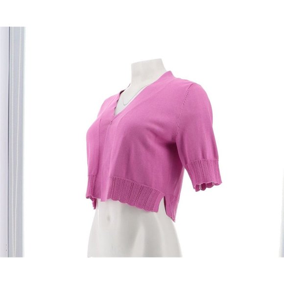 NWT ISAAC MIZRAHI SCALLOP TRIM OPEN FRONT CARDIGAN SWEATER AFRICAN ORCHID XXS - Picture 2 of 11